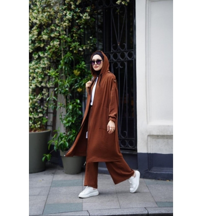 Tesettür Fermuarlı Kap, Pantolon Takım Kahverengi Model 439 Takım